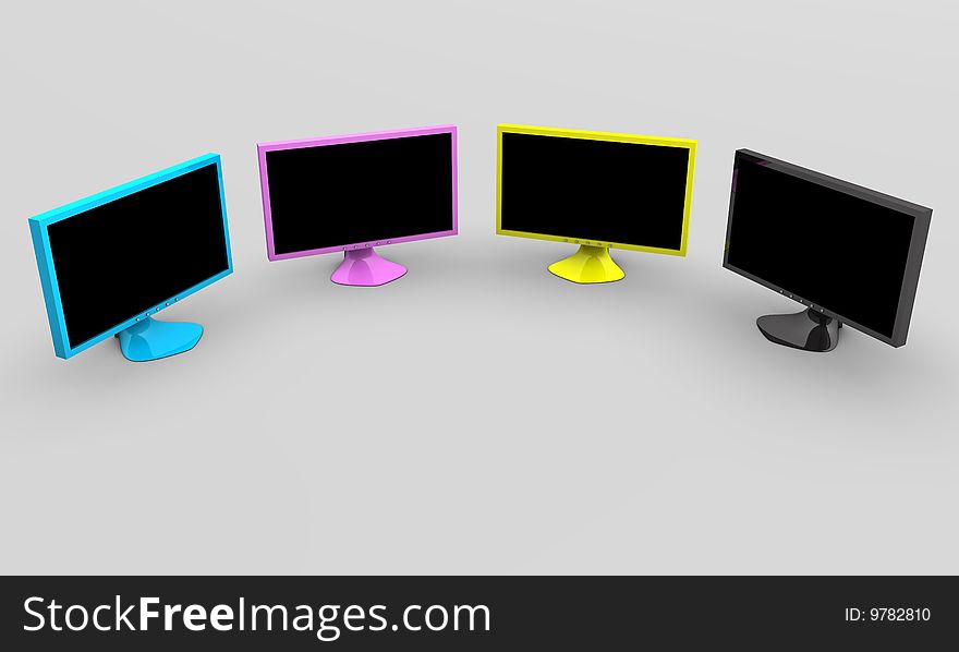 Four CMYK flat panel lcd computer monitor. Four CMYK flat panel lcd computer monitor