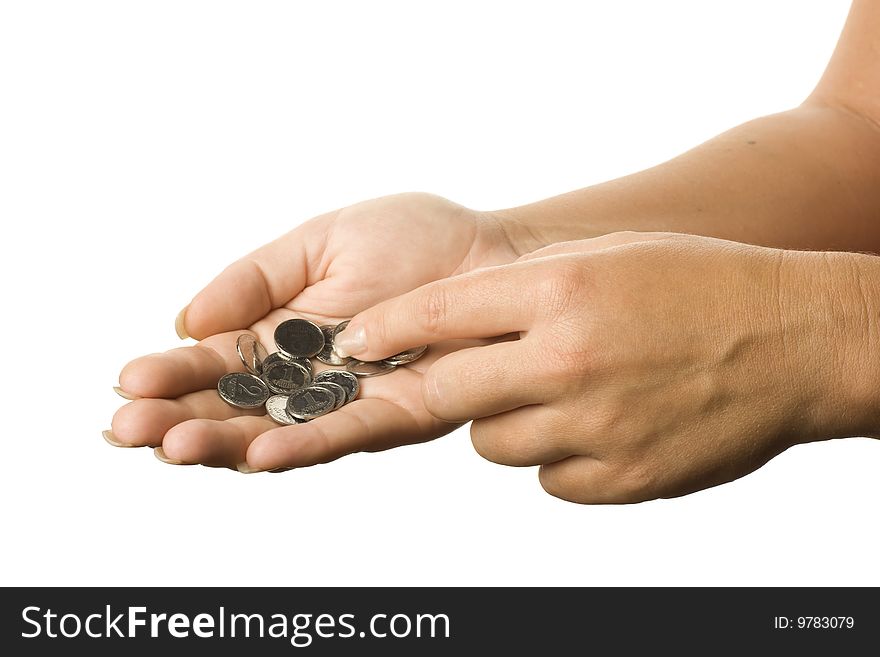 Coins on the palm on a white background. Coins on the palm on a white background.