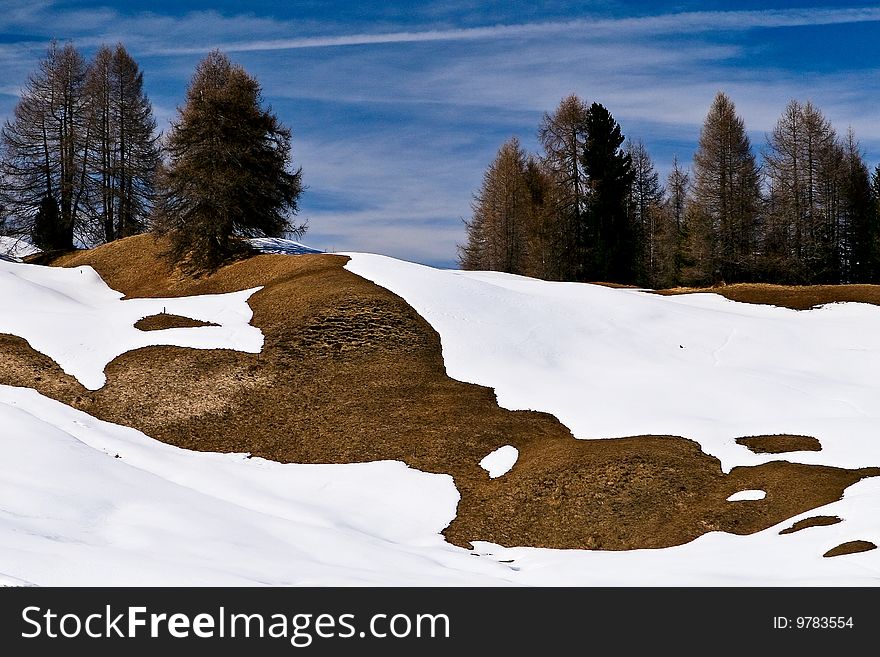 Winter becomes spring view at Alta Badia, Dolomites, Italy. Winter becomes spring view at Alta Badia, Dolomites, Italy.
