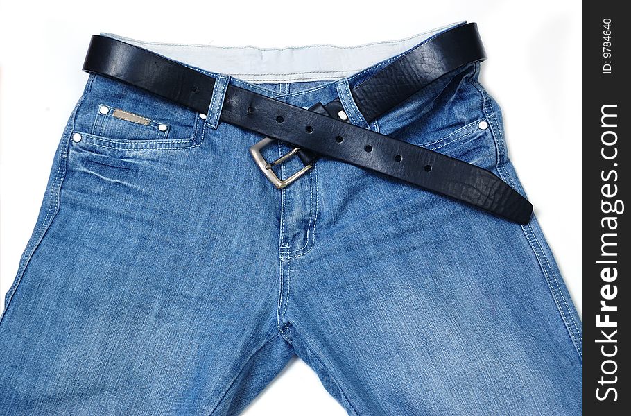 Jeans with belt on a white background