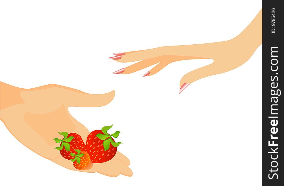 The man's hand gives a strawberry with the butterfly