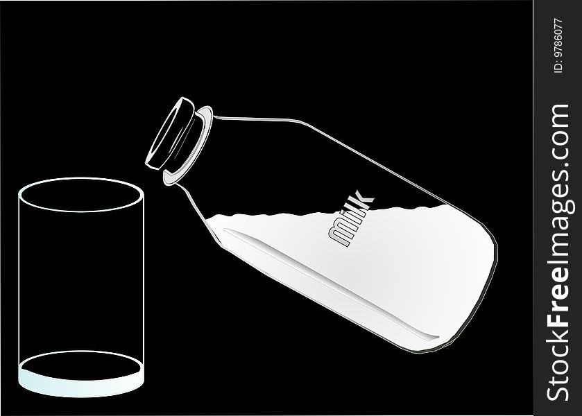 A empty glass, and a half full bottle of milk waiting to be poured... White on black background. A empty glass, and a half full bottle of milk waiting to be poured... White on black background.