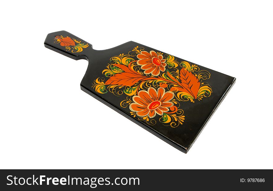 Russian traditional black cutting board painted with flowers isolated. Russian traditional black cutting board painted with flowers isolated
