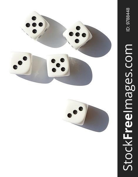 Five white dice isolated on white background with clipping path