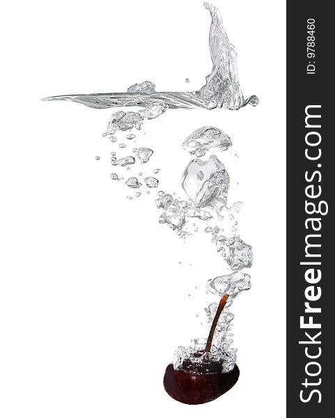 Cherry on abstract splashing water background isolated with clipping path. Cherry on abstract splashing water background isolated with clipping path