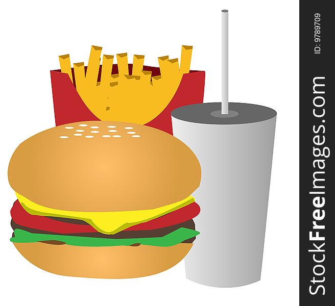 Vector illustration of fastfood: French fries, soda and hamburger.