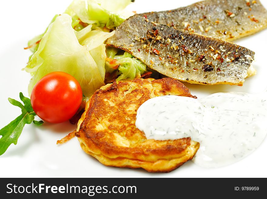 Smoked Fish Fillet with Cabbage Salad and Thick Pancake