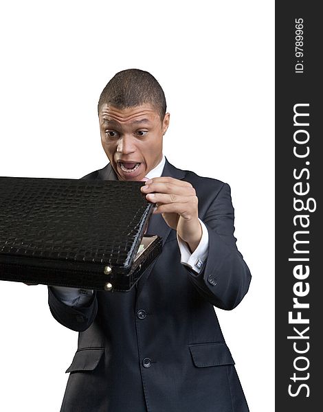 The businessman opens a briefcase on a white background