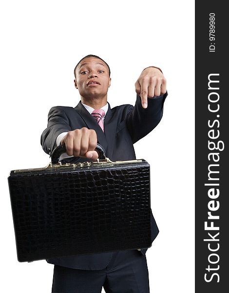 The happy businessman offers briefcase on a white background