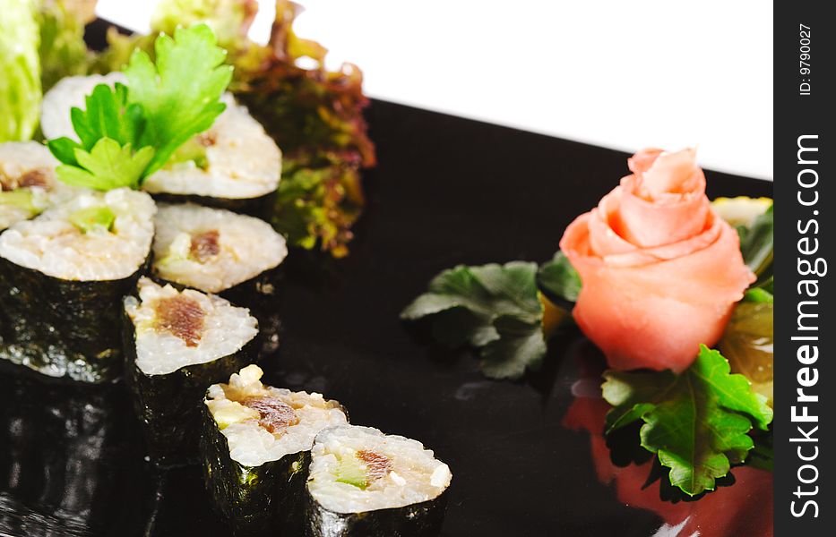 Japanese Cuisine - Sushi with Salad Leaf and Parsley