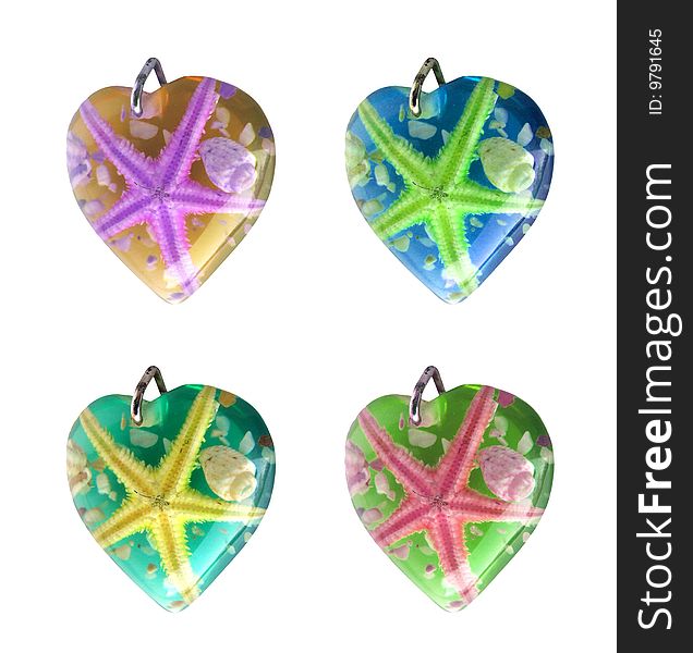 There are four starfish and some little shells in the colorful hearts. There are four starfish and some little shells in the colorful hearts.