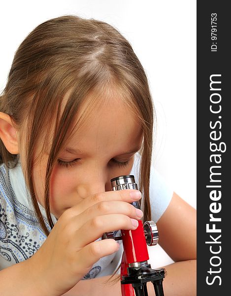 Girl Studying Something With Microscope