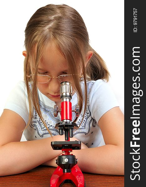 Girl Studying Something With Microscope