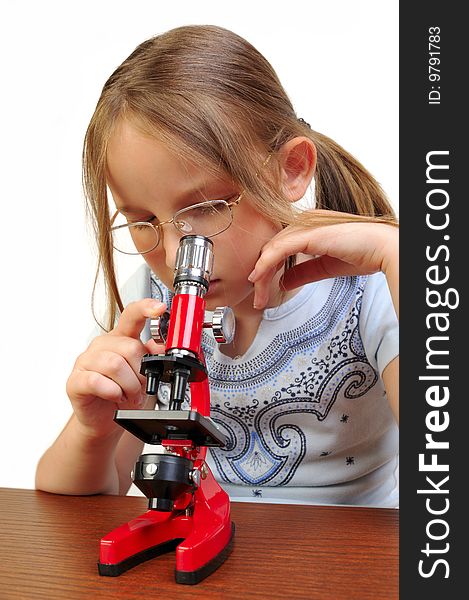 Girl Studying Something With Microscope