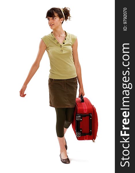 Young teenager girl carrying huge luggage. Young teenager girl carrying huge luggage