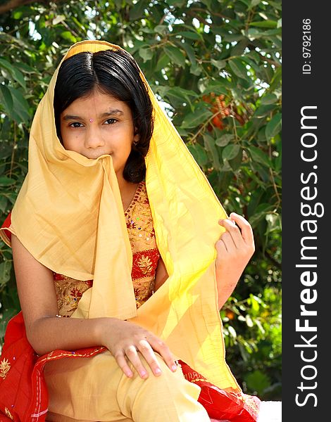 A traditional Indian girl holding her golden scarf in her mouth displaying a unique ethnic style. A traditional Indian girl holding her golden scarf in her mouth displaying a unique ethnic style.