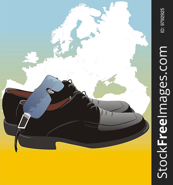 Masculine shoes and glasses on the map of Europe. Vector illustration