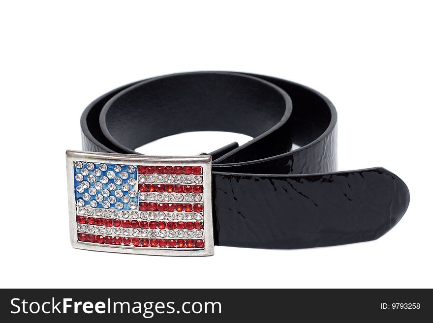 Black leather glossy belt with buckle in the manner of american flag