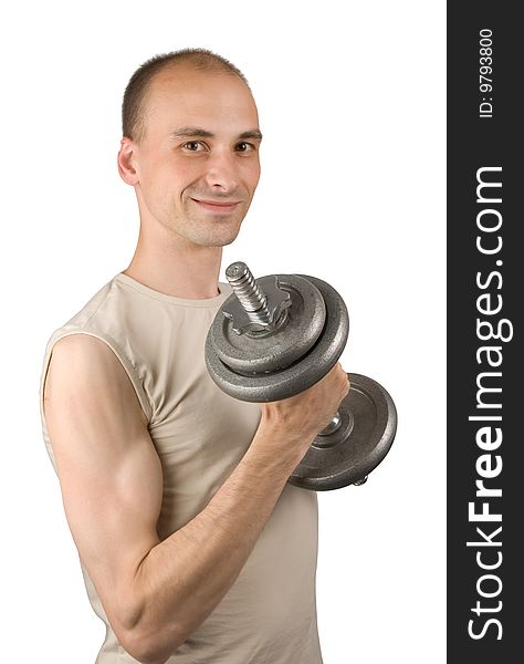 Man with barbell isolated on white