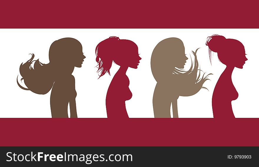 Four silhouettes of girls - red and brown