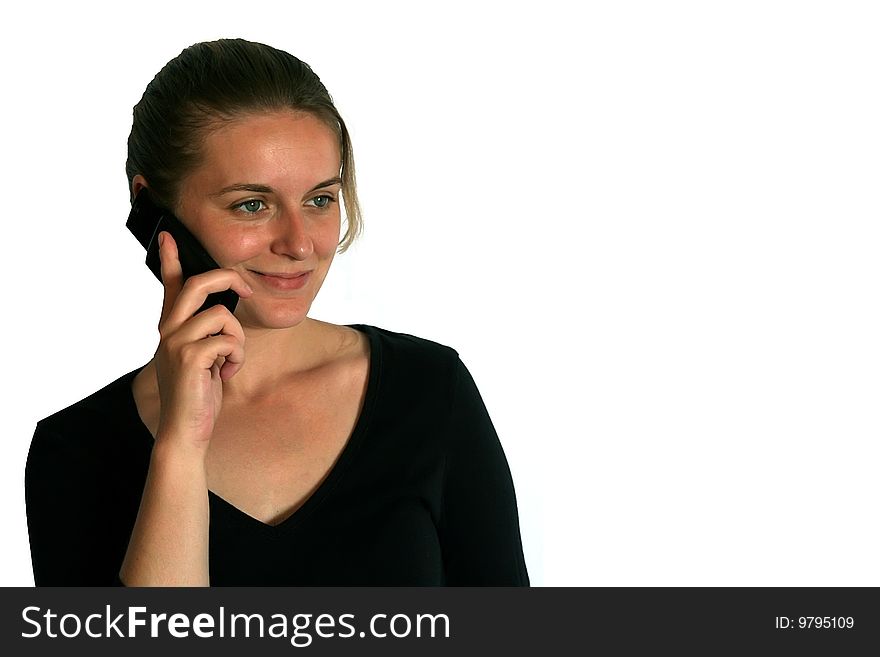 Girl on the phone isolated on white