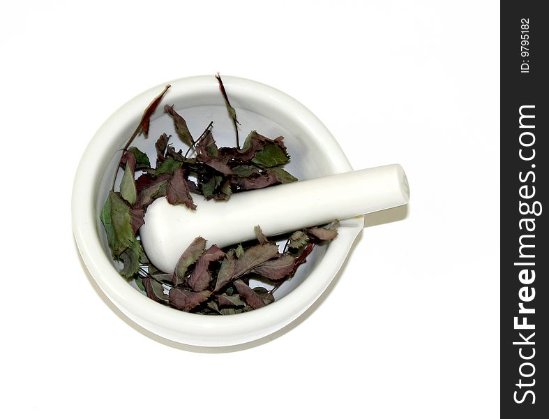 Dry herbal in mortar ,pestle