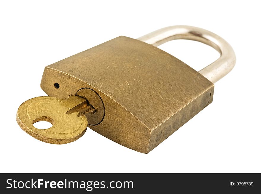 Close up shot of a lock with key, clipping path, white backround.