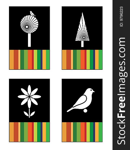 Black and white nature cards with stripes of color