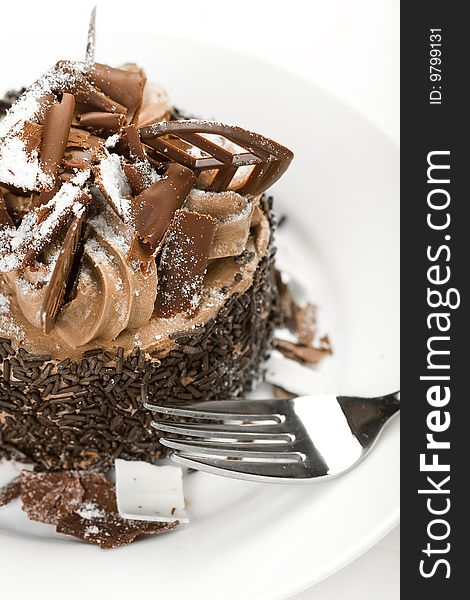 A small chocolate cake decorated with chocolate shaving, leaves and sprinkles on a white plate. A small chocolate cake decorated with chocolate shaving, leaves and sprinkles on a white plate