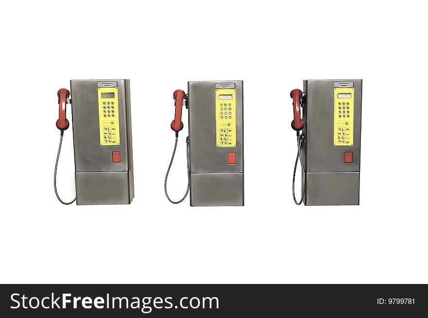 Three public payphones with red handsets and yellow button panels, isolated on white. Three public payphones with red handsets and yellow button panels, isolated on white.