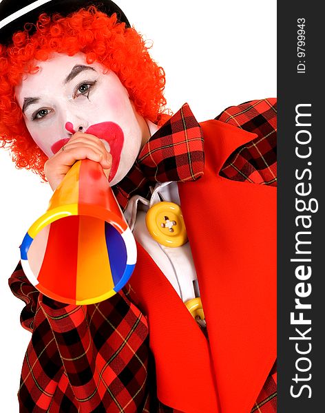 Happy smiling female clown, colorfull dressed, studio shot on white background. Happy smiling female clown, colorfull dressed, studio shot on white background