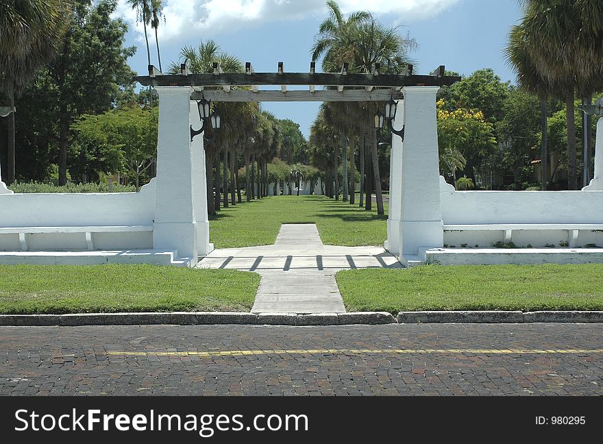 A park arbor with a mediterranean theme.