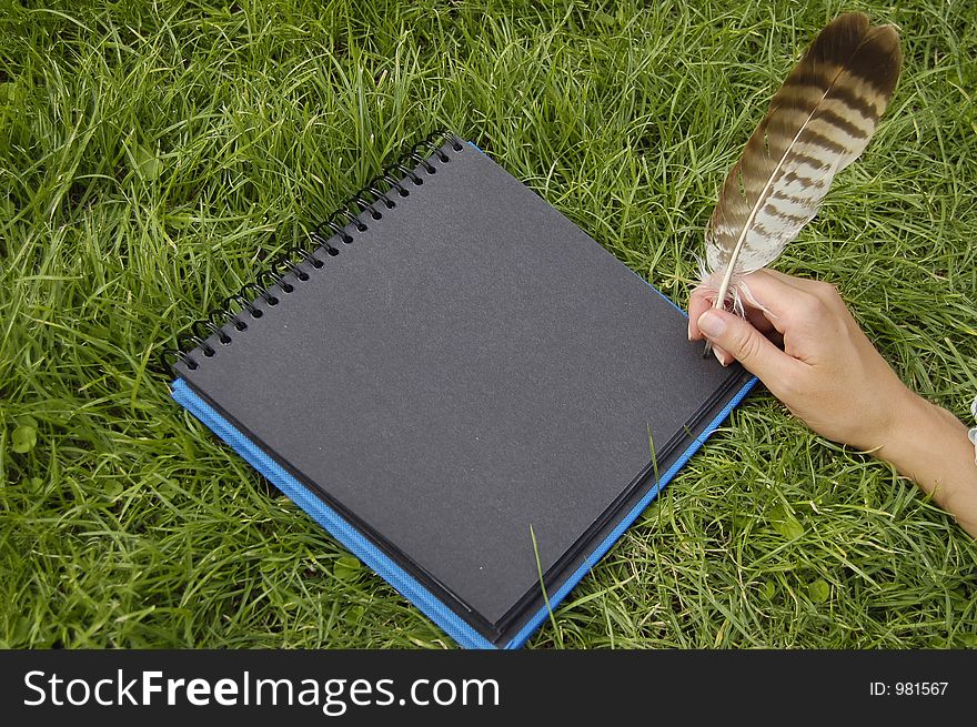 Black notebook in grass
