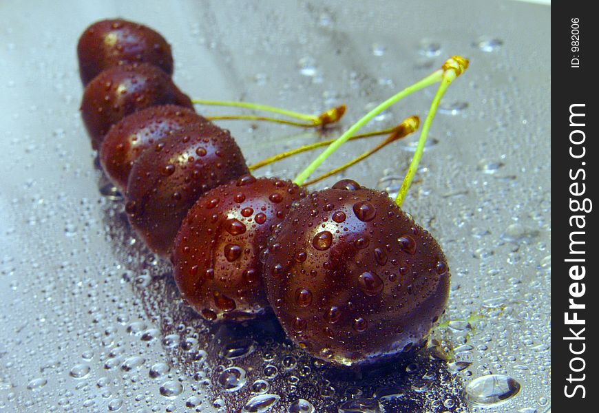 Queue of black cherries with water drops