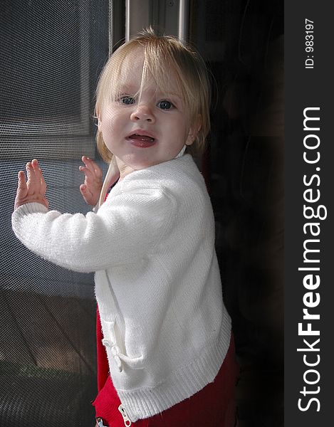 A toddler leans up against a screen door and smiles. A toddler leans up against a screen door and smiles.