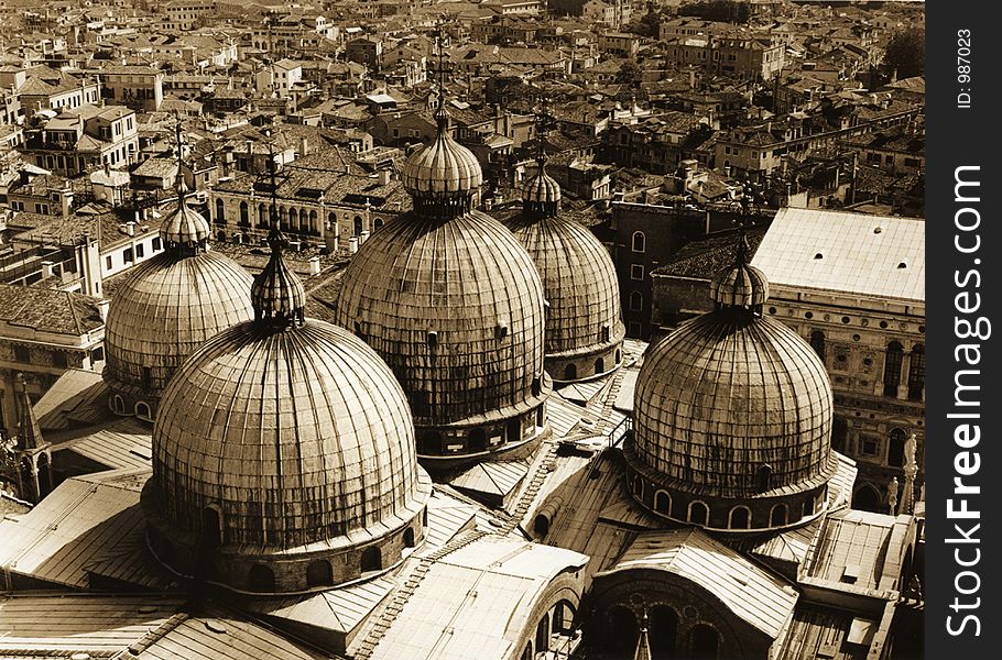 This is the view from the Campanile tower in Venice, Italy. Shot on medium-format black and white film, scanned and sepia-toned. This is the view from the Campanile tower in Venice, Italy. Shot on medium-format black and white film, scanned and sepia-toned.