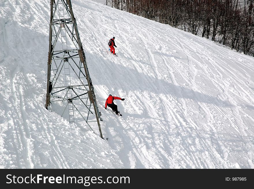 Ski surfers on Montenegrin mountain. Ski surfers on Montenegrin mountain