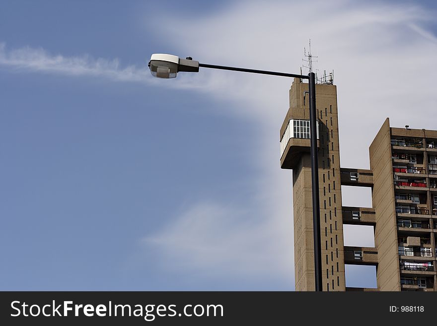 Famous appartment building trellick tower with lampost in front of shot, london