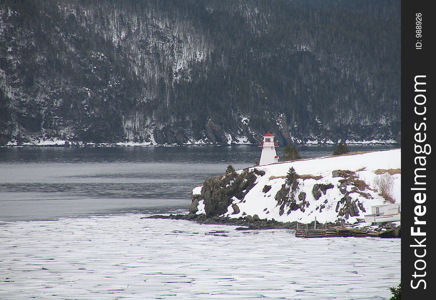 Lighthouse on Woody Point in winter.