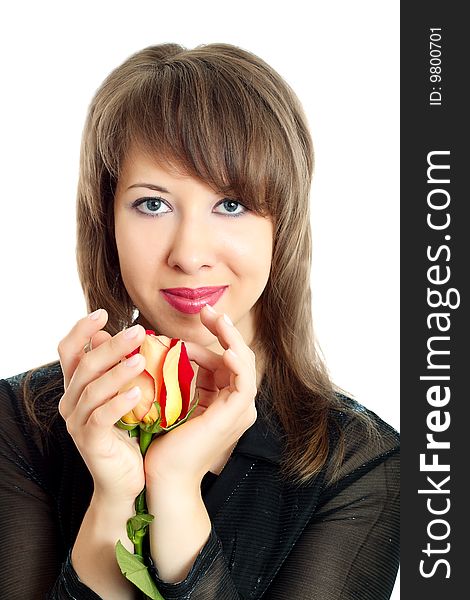 Young caucasian woman on white background