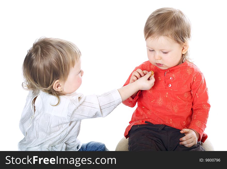 Two little funny girls on white background