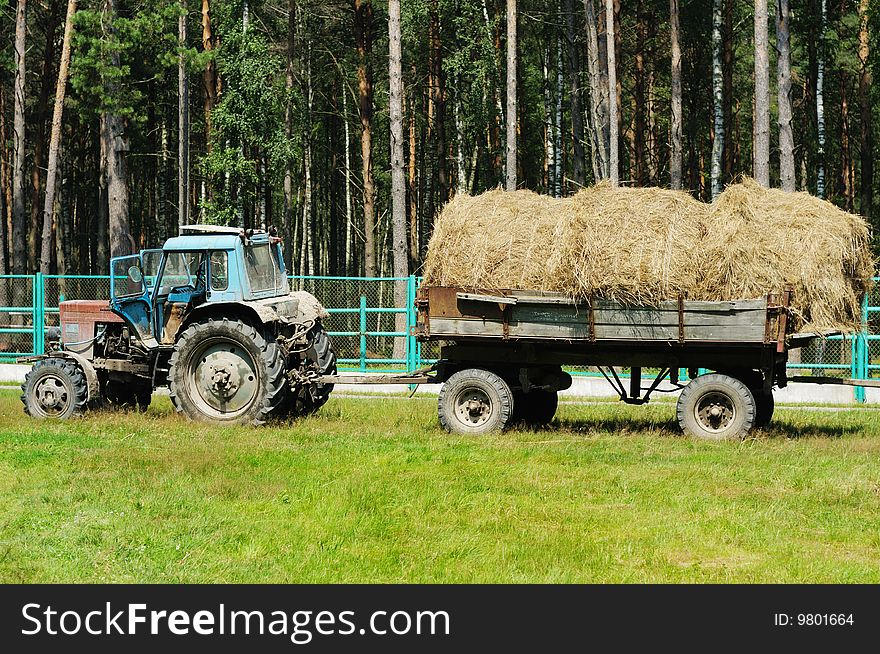 Rural landscape with a tractor filled with hay. Rural landscape with a tractor filled with hay