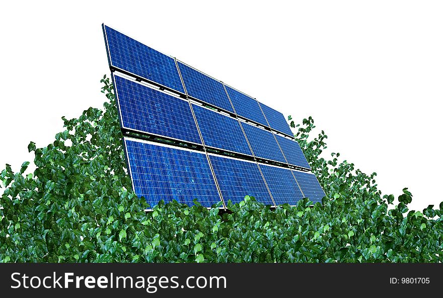 Solar panel with green plants, isolated on white