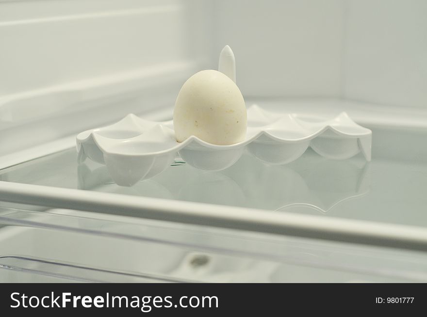 Photo of one egg in a cell in a refrigerator. Photo of one egg in a cell in a refrigerator