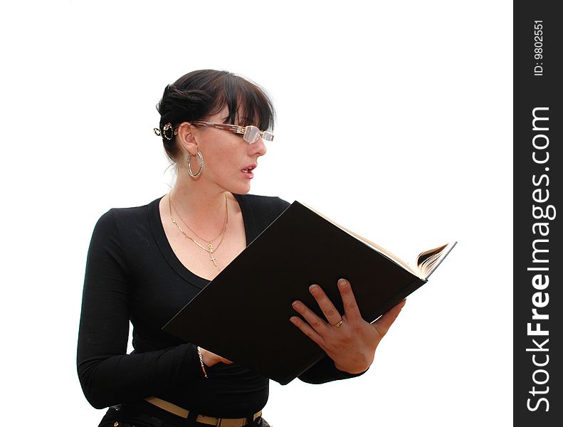 Women in Black holds a book on white background. Women in Black holds a book on white background