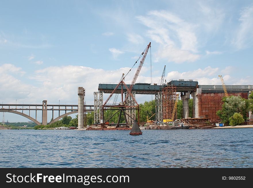 Bridge construction on the river dniper, ukraine