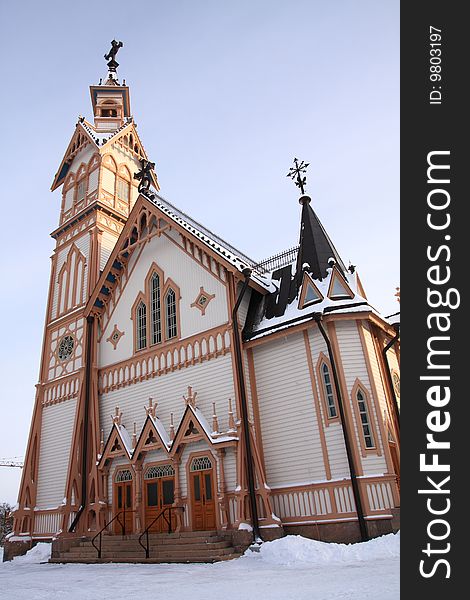 Beautiful wooden church in the town Kajaani, Finland