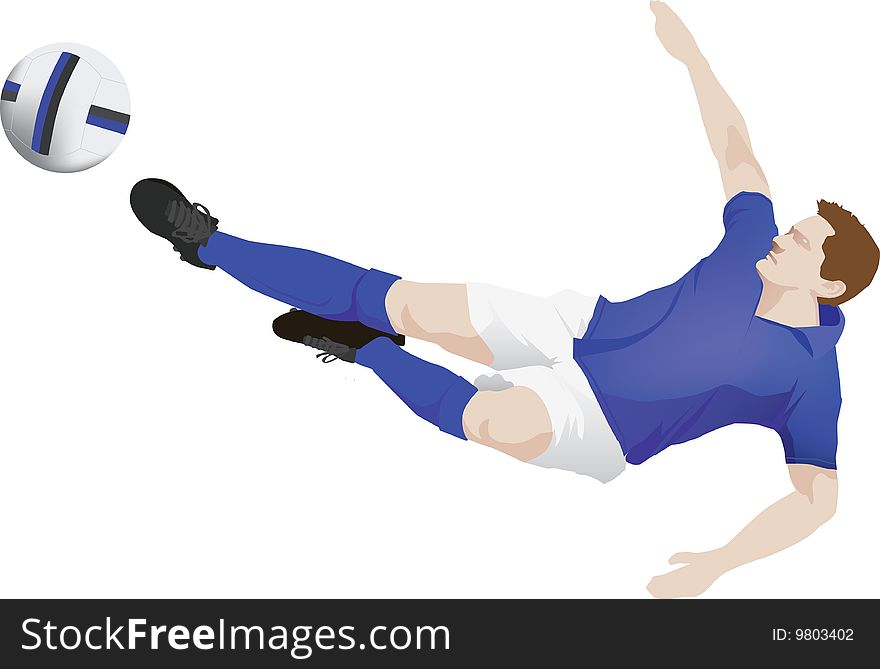 Blue kit soccer player does flying kick. Blue kit soccer player does flying kick