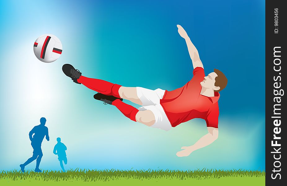 Soccer striker does flying kick wearing red shirt. Soccer striker does flying kick wearing red shirt