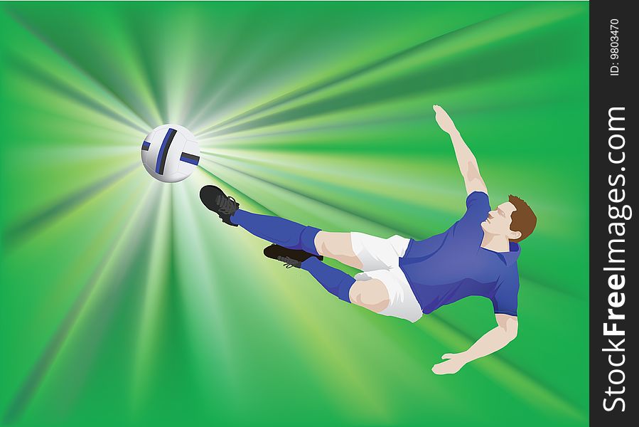 Soccer player weARING BLUE STRIP DOES FLYING KICK. Soccer player weARING BLUE STRIP DOES FLYING KICK